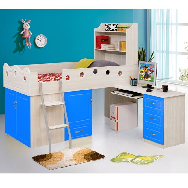 Almere Blue Children's Bed with Office, Wardrobe and Drawer