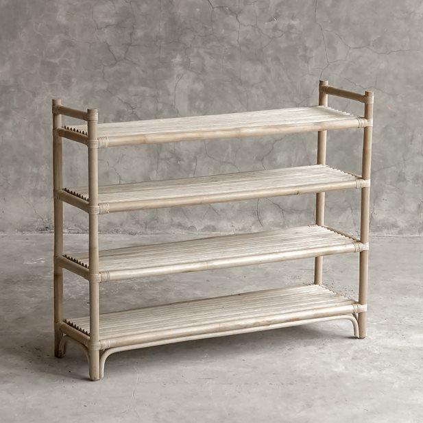 Harris Long Natural Rattan Wood Shelves Unit