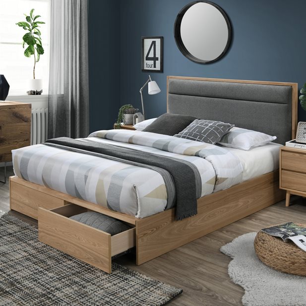 Simone New Oak + Grey  Double Bed with 2 Drawers 210,5 x 165,5 x 105
