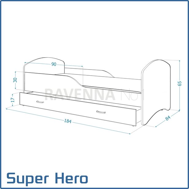 Super Hero Children's Bed with Top Matress and Drawer 184 x 84 x 65
