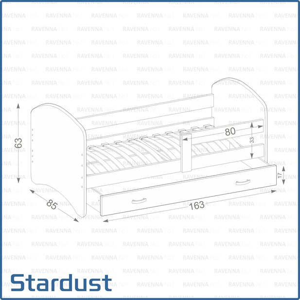 Stardust Children's Bed with Top Matress and Drawer 163 x 85 x 65