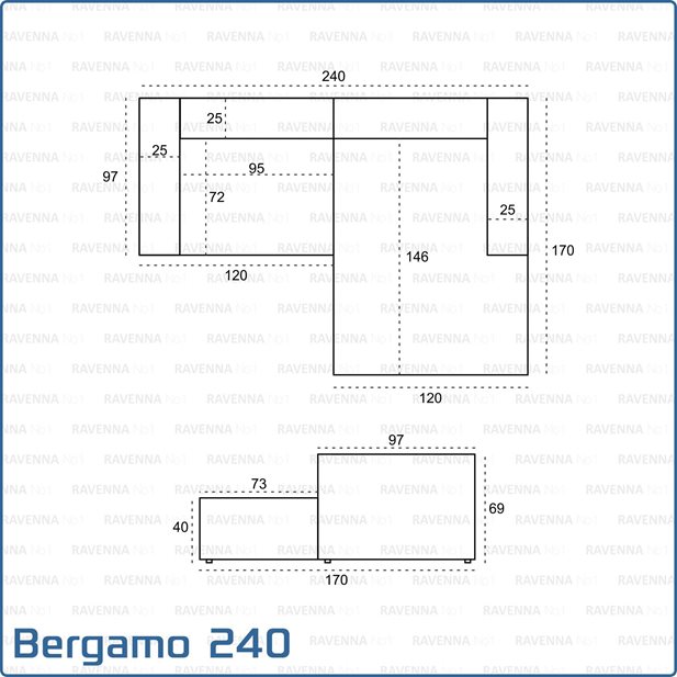 Bergamo 240 Cement Grey Right Corner Sofa 240 x 170 x 69