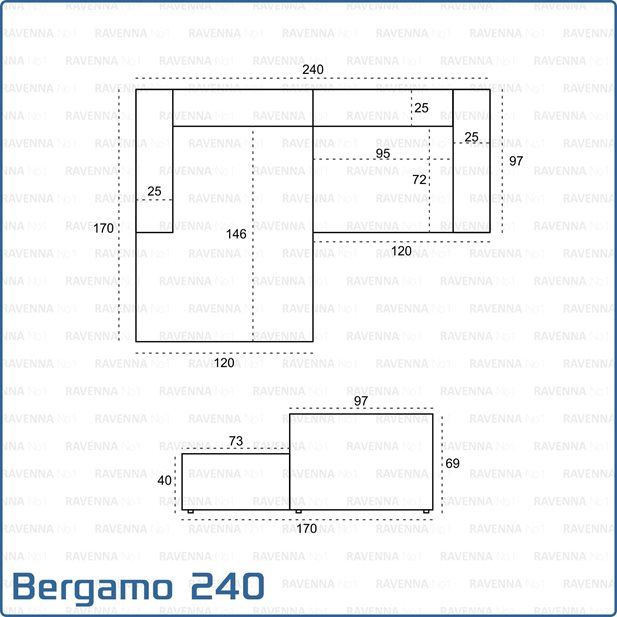 Bergamo 240 Cement Grey Left Corner Sofa 240 x 170 x 69