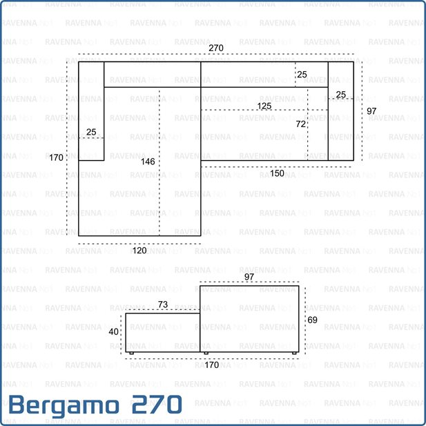 Bergamo 270 Cement Grey Left Corner Sofa 270 x 170 x 69