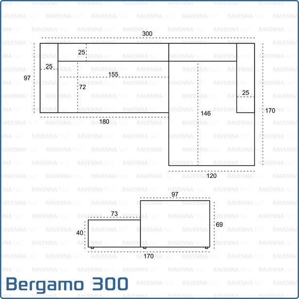 Γωνιακός Καναπές Bergamo 300 Cement Grey Δεξιά Γωνία 300 x 170 x 69