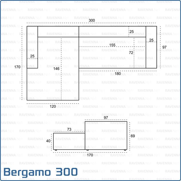 Bergamo 300 Cement Grey Left Corner Sofa 300 x 170 x 69