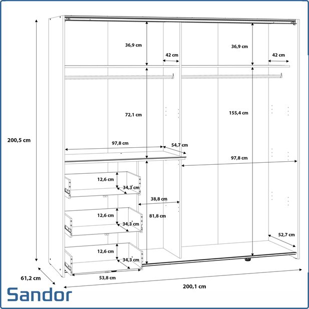 Ντουλάπα Sandor Oak + Grey 200,1 x 61,2 x 200,5